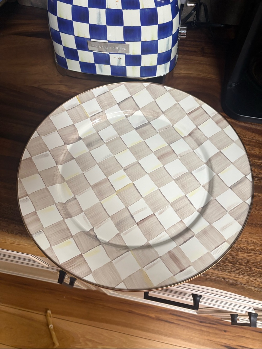 Mocha Check Ceramic large round serving Mackenzie-Childs Style